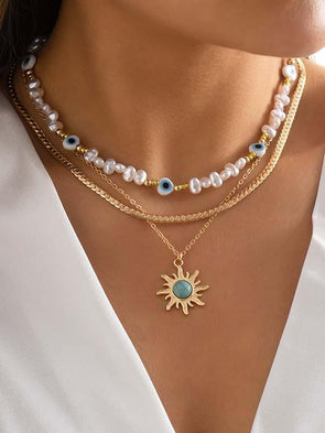 Retro contrasting color personalized eye pearl sun turquoise pendant necklace