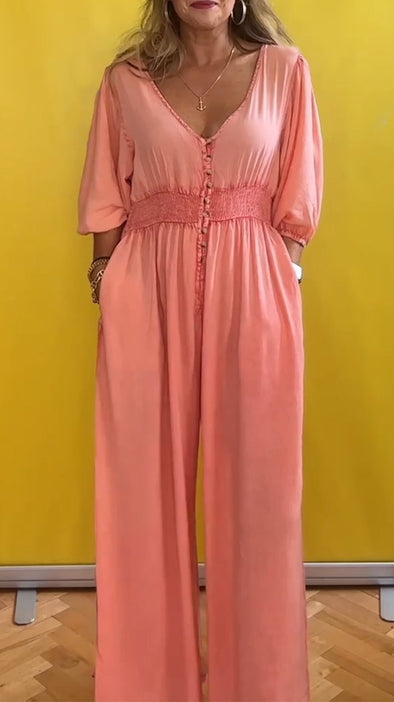 Casual V-neck Mid-sleeve Jumpsuit